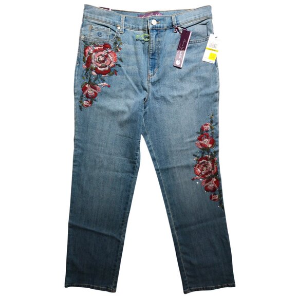 Gloria Vanderbilt Women's Rose Bouquet Embroidered Tapered Fit Jeans 14P Petite - Picture 1 of 12